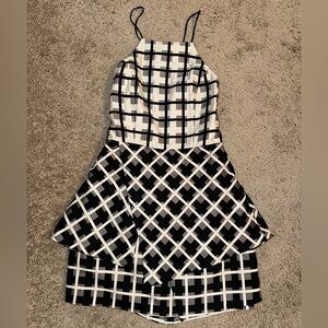 NBD Mini Dress Black White Plaid Sleeveless Lace-Up Adjustable Tiered Cocktail